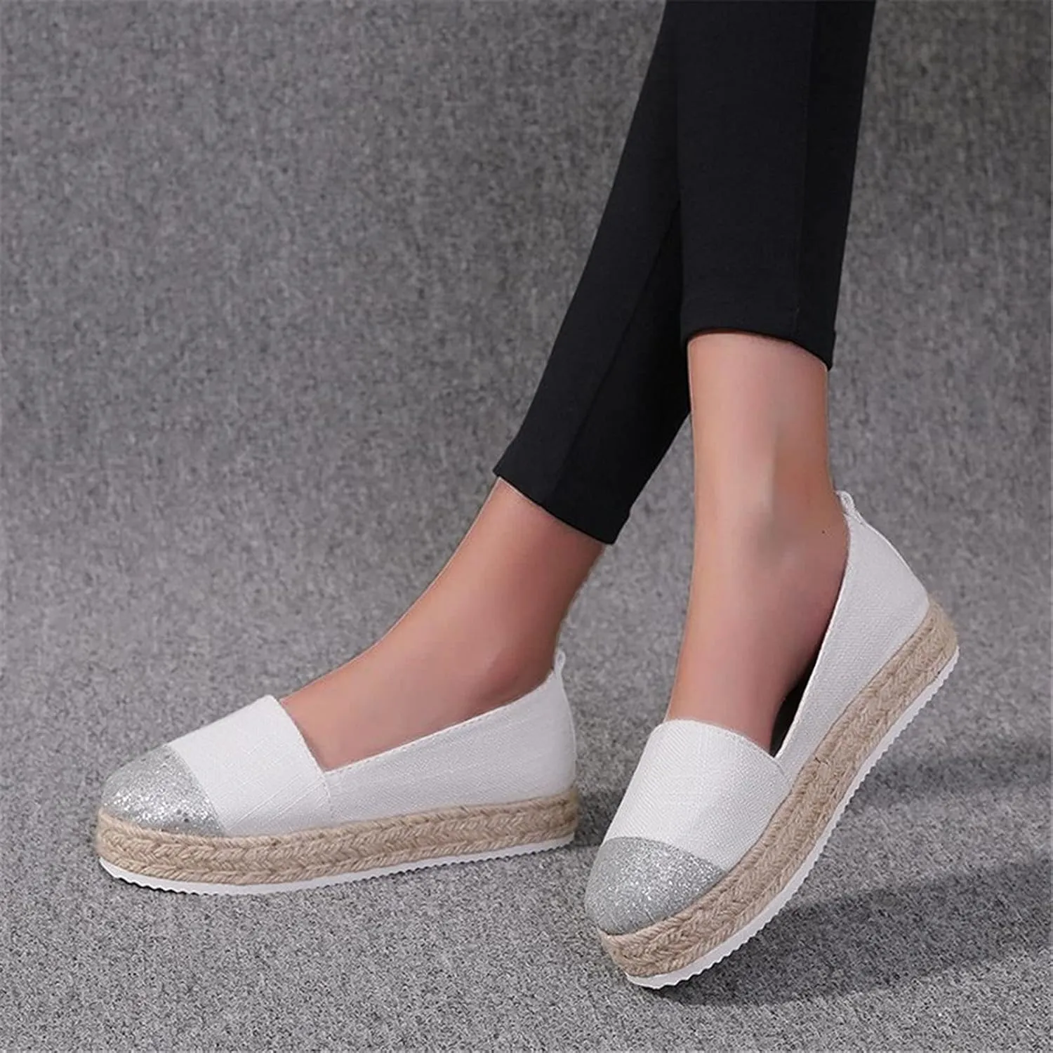 Hbeylia Platform Espadrilles for Women Breathable Cotton Linen Glitter Sequin Closed Toe Slip On Sneaker Shoes High Heel Dress Loafer Ballet Flat for Ladies (White, 6.5-7)