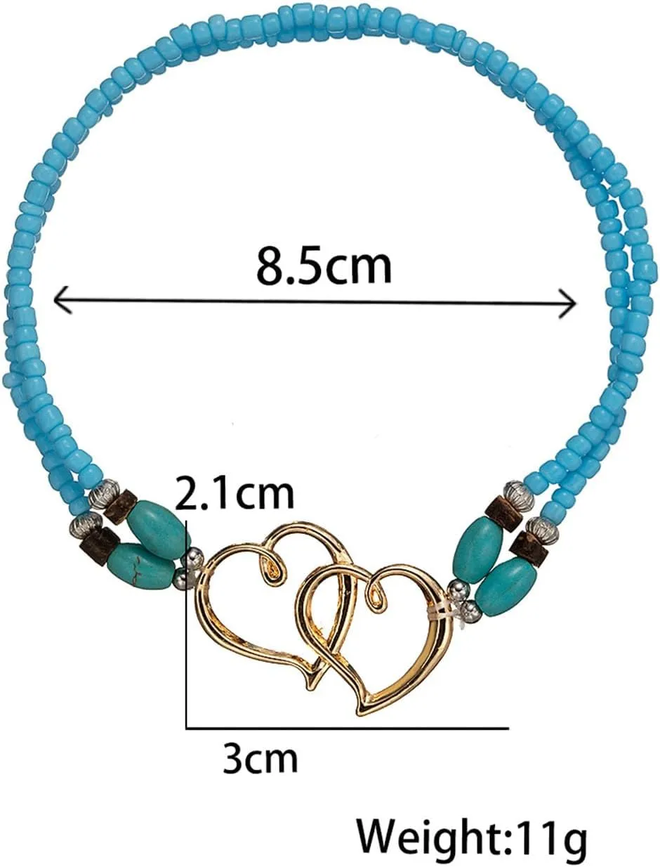 Heart Ankle Bracelet for Women Double Layered Elastic Beaded Anklet Seed Bead Turquoise Stretch Ankle Bracelet Double Hollowed Heart Anklet Boho Summer Beach Foot Jewelry for Women