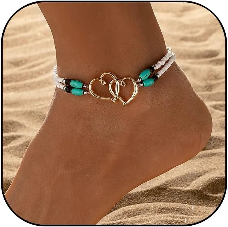Heart Ankle Bracelet for Women Double Layered Elastic Beaded Anklet Seed Bead Turquoise Stretch Ankle Bracelet Double Hollowed Heart Anklet Boho Summer Beach Foot Jewelry for Women