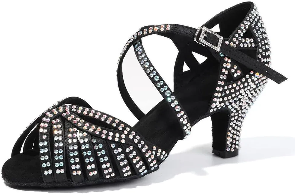 HROYL Women Rhinestone Ballroom Dance Shoes Latin Salsa Practice Performance Dance Shoes YCL380