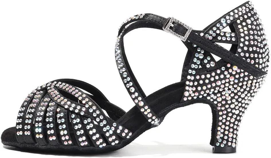 HROYL Women Rhinestone Ballroom Dance Shoes Latin Salsa Practice Performance Dance Shoes YCL380