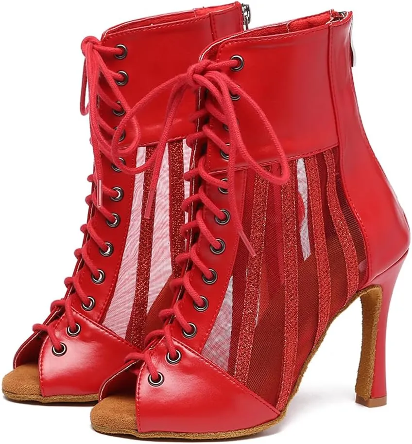 HROYL Women's Mesh Customized Heel Dance Boots Lace-up Latin Salsa Jazz Ballroom Dance Shoes,Model YCL572