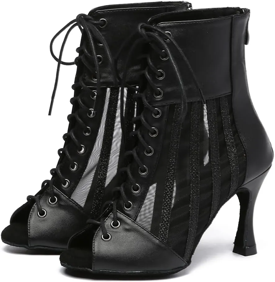 HROYL Women's Mesh Customized Heel Dance Boots Lace-up Latin Salsa Jazz Ballroom Dance Shoes,Model YCL572