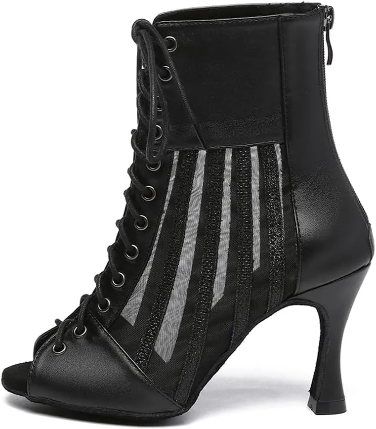 HROYL Women's Mesh Customized Heel Dance Boots Lace-up Latin Salsa Jazz Ballroom Dance Shoes,Model YCL572