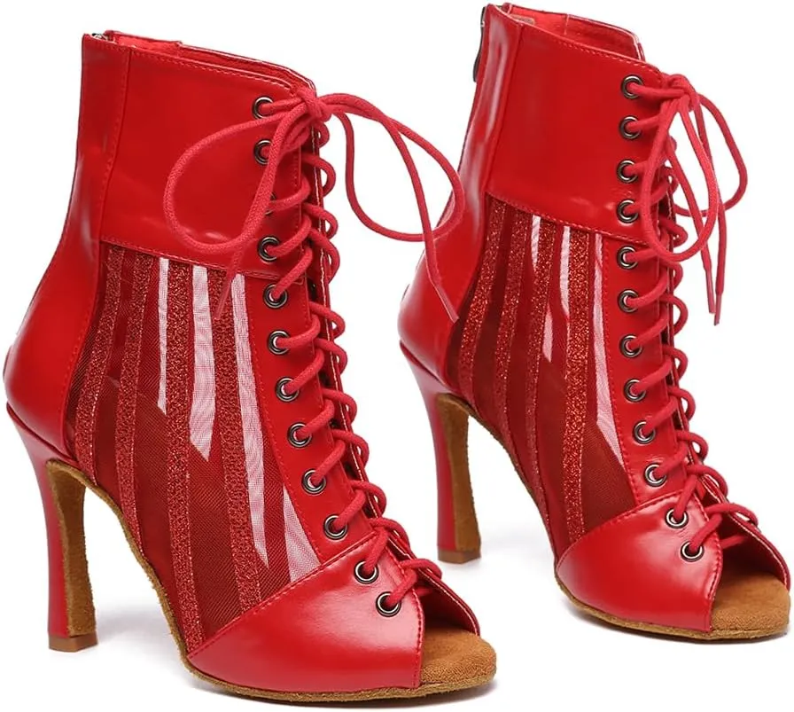HROYL Women's Mesh Customized Heel Dance Boots Lace-up Latin Salsa Jazz Ballroom Dance Shoes,Model YCL572