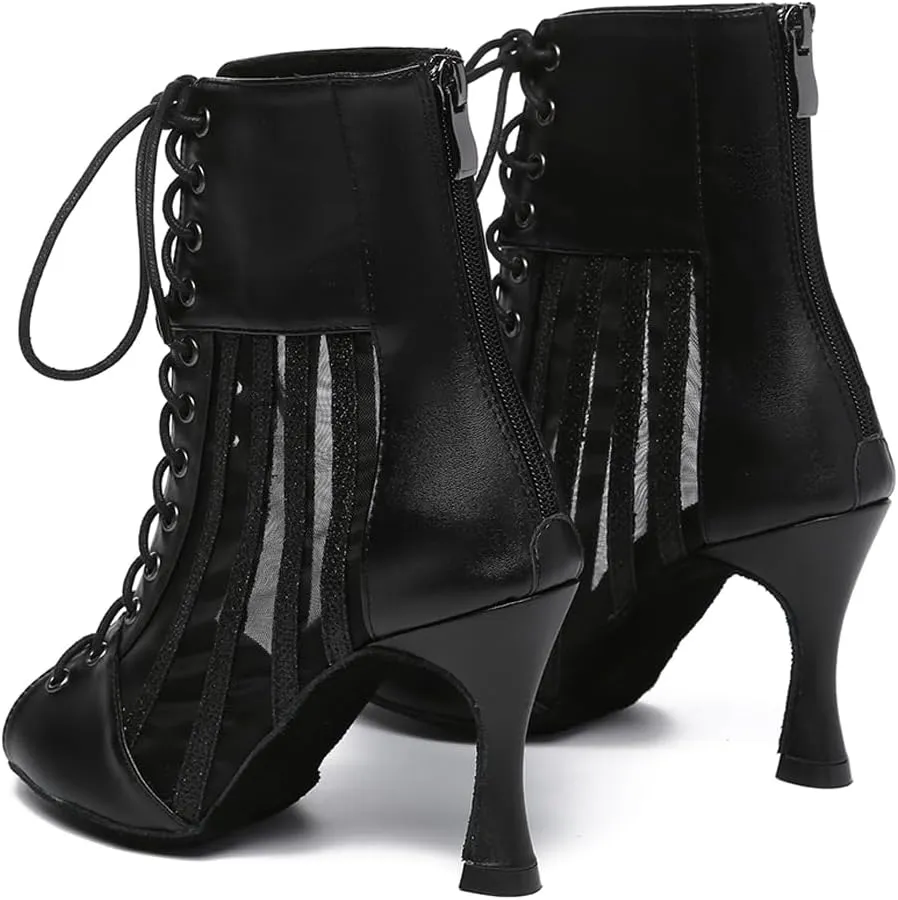 HROYL Women's Mesh Customized Heel Dance Boots Lace-up Latin Salsa Jazz Ballroom Dance Shoes,Model YCL572