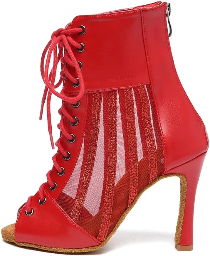 HROYL Women's Mesh Customized Heel Dance Boots Lace-up Latin Salsa Jazz Ballroom Dance Shoes,Model YCL572