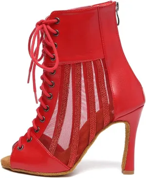 HROYL Women's Mesh Customized Heel Dance Boots Lace-up Latin Salsa Jazz Ballroom Dance Shoes,Model YCL572