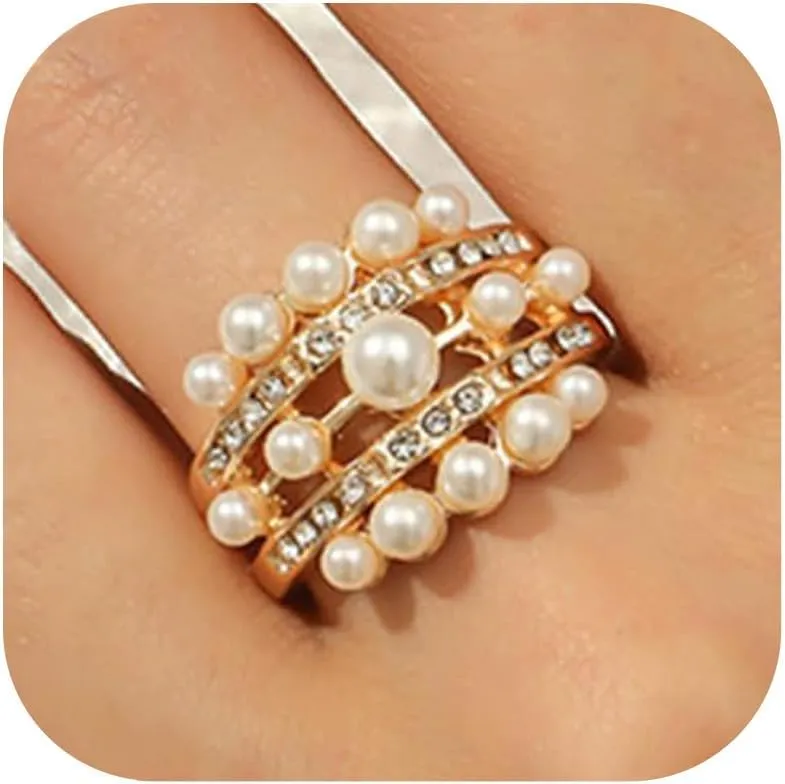 HUASAI Pearl Ring for Women Vintage Stretch Beaded Stackable Rings Adjustable Open Pearls Finger Ring Trendy Pearls Jewerly Gifts