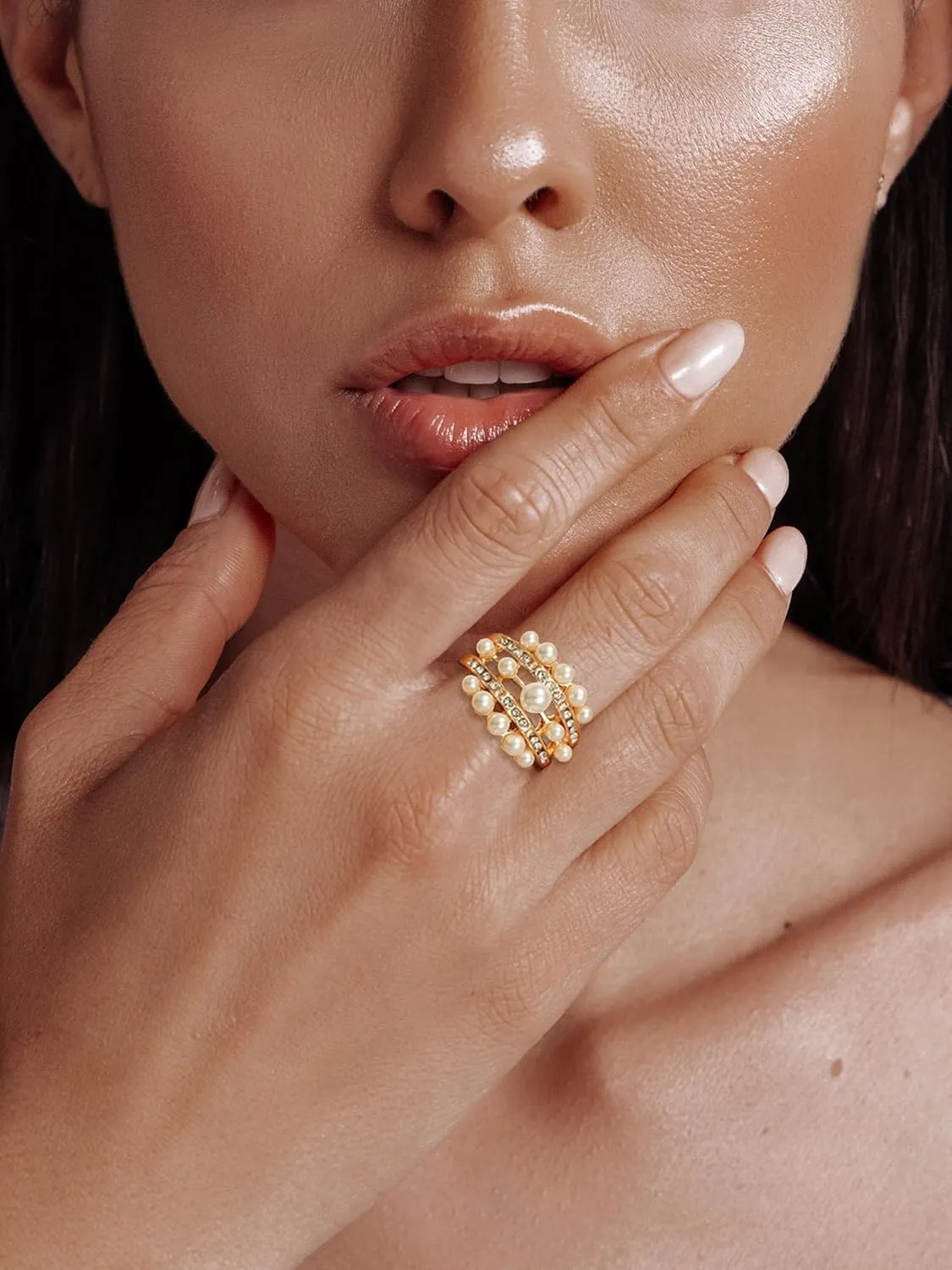 HUASAI Pearl Ring for Women Vintage Stretch Beaded Stackable Rings Adjustable Open Pearls Finger Ring Trendy Pearls Jewerly Gifts