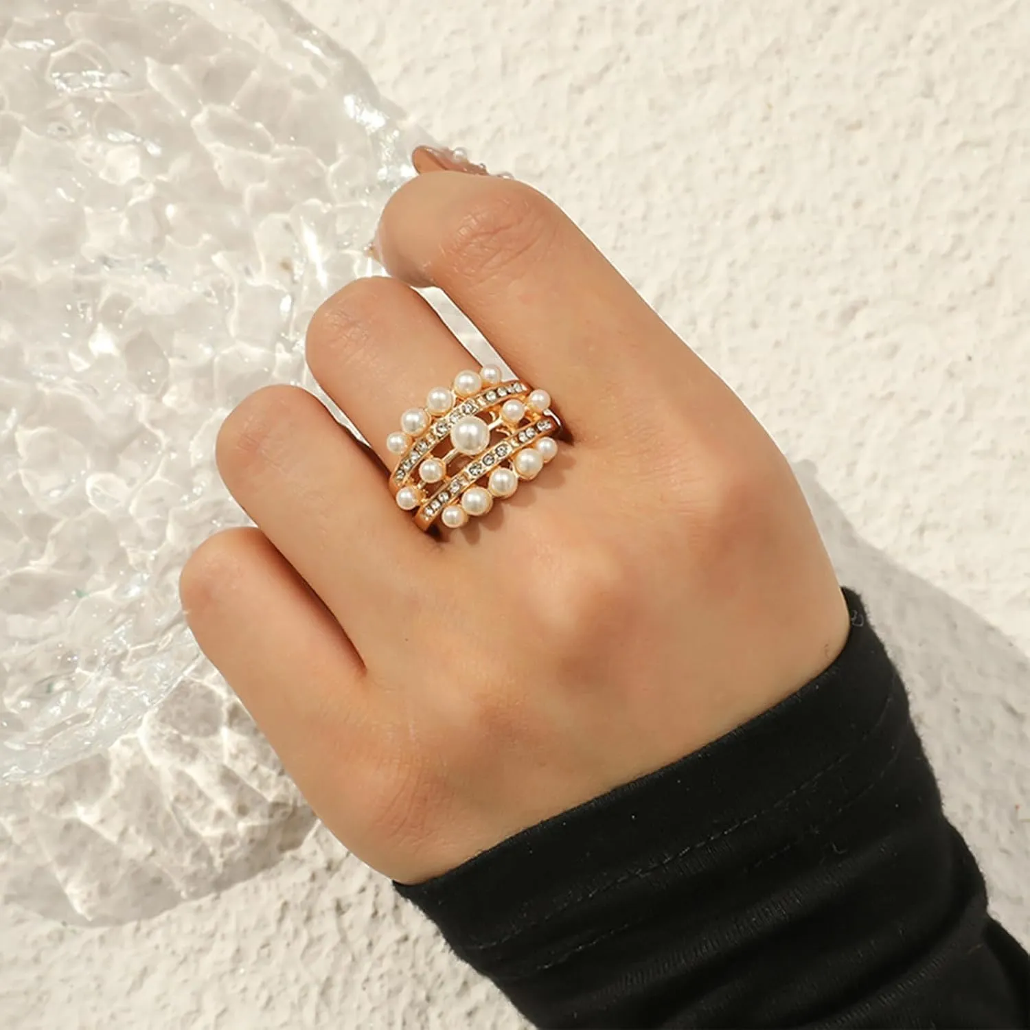 HUASAI Pearl Ring for Women Vintage Stretch Beaded Stackable Rings Adjustable Open Pearls Finger Ring Trendy Pearls Jewerly Gifts