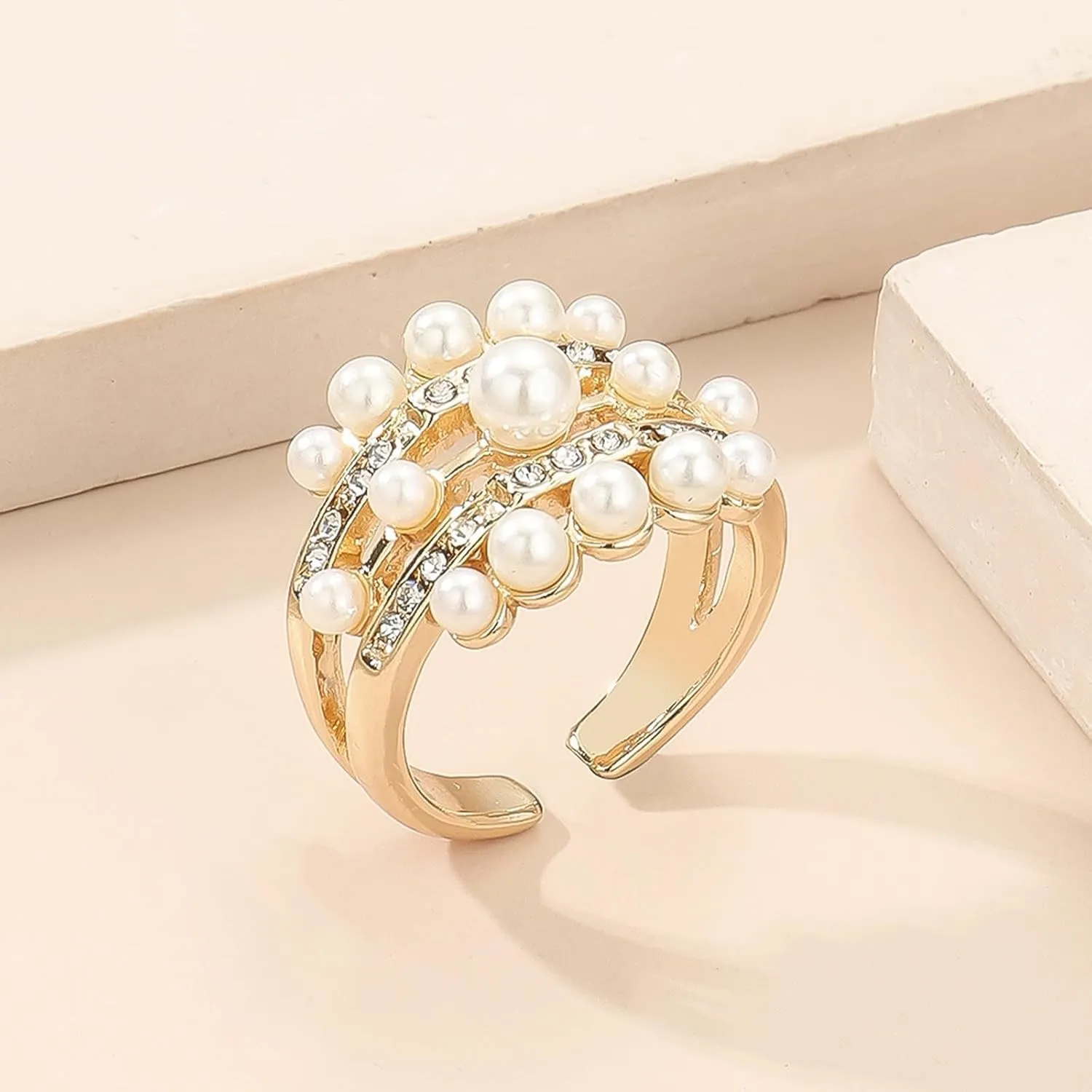 HUASAI Pearl Ring for Women Vintage Stretch Beaded Stackable Rings Adjustable Open Pearls Finger Ring Trendy Pearls Jewerly Gifts