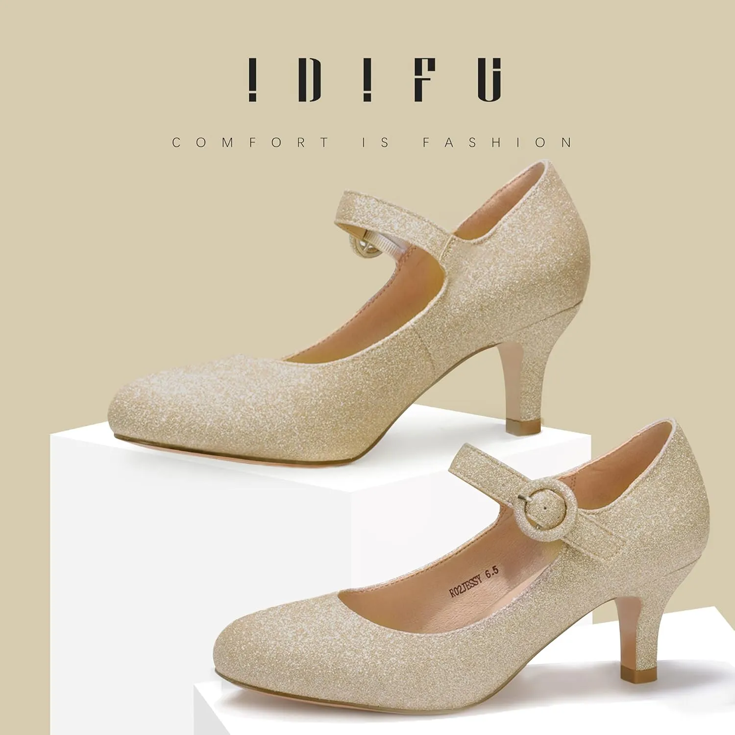 IDIFU Women's Jessy Dress Mary Jane Shoes Low Kitten Heels Closed Round Toe Office Work Wedding Pumps