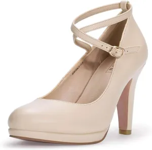 IDIFU Women's Tracy Platform High Heels Closed Toe Pumps Strappy Cross Ankle Strap Shoes for Casual Work Wedding
