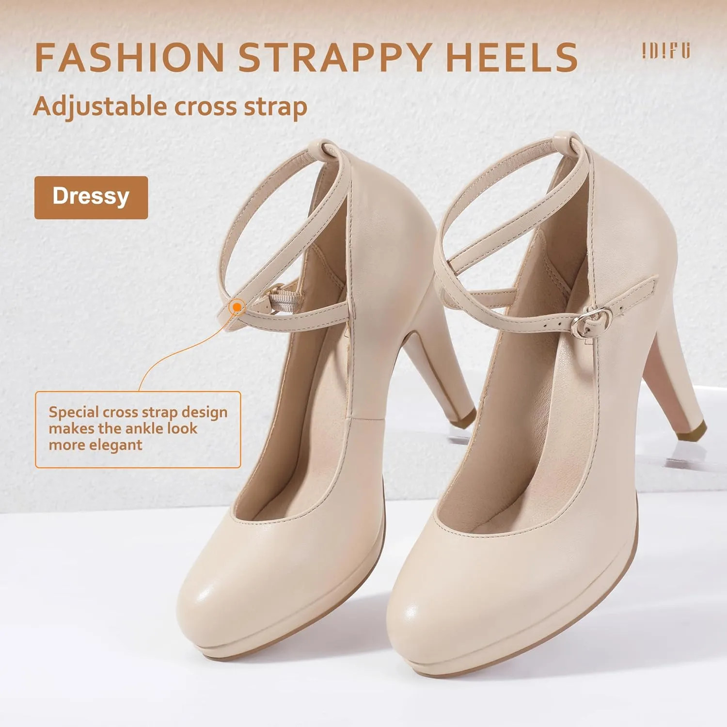 IDIFU Women's Tracy Platform High Heels Closed Toe Pumps Strappy Cross Ankle Strap Shoes for Casual Work Wedding