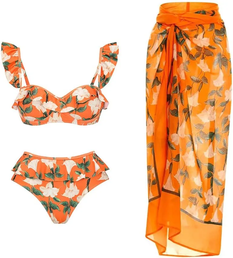 IDOPIP Women's One Piece Swimsuit with Beach Cover up Wrap Skirt Sarong Halter Floral Print Bikini Set Two Piece Bathing Suit