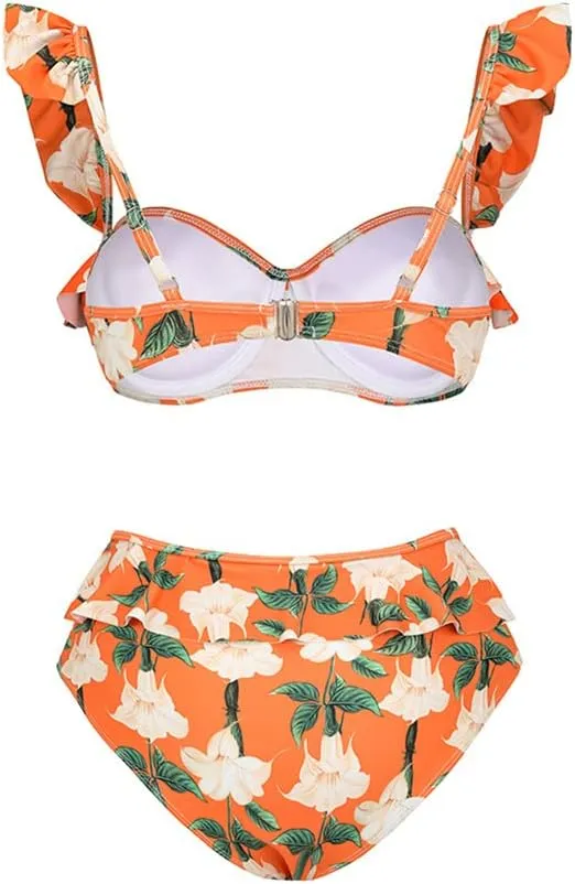 IDOPIP Women's One Piece Swimsuit with Beach Cover up Wrap Skirt Sarong Halter Floral Print Bikini Set Two Piece Bathing Suit