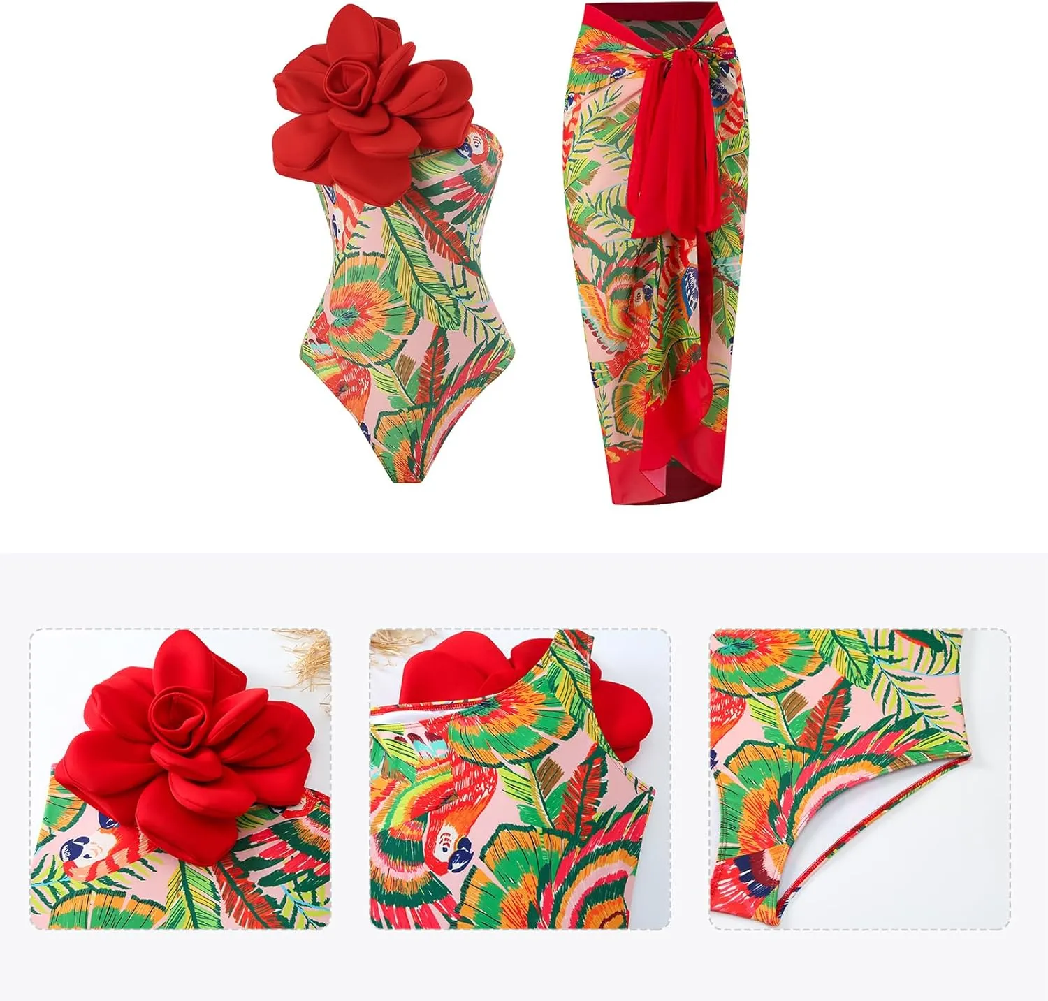 IDOPIP Women's One Piece Swimsuit with Beach Cover up Wrap Skirt Sarong Retro Floral Print Bikini Set Two Piece Bathing Suits