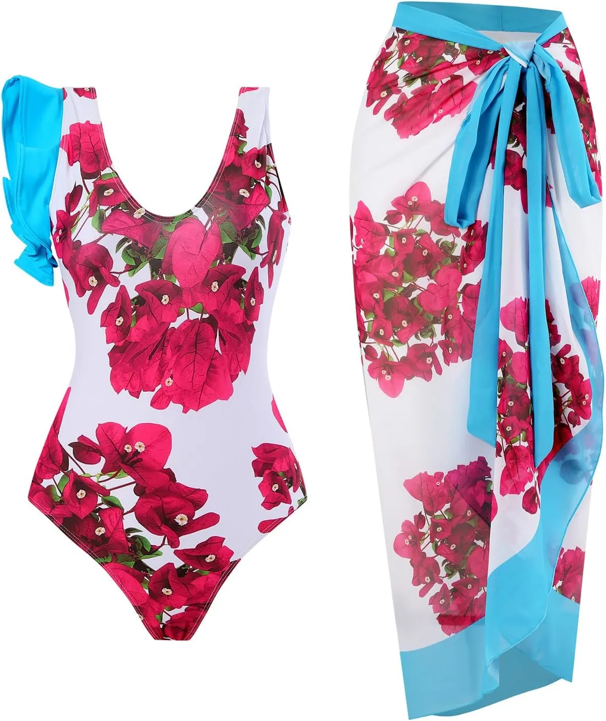 IDOPIP Women's One Piece Swimsuit with Beach Cover up Wrap Skirt Sarong Retro Floral Print Bikini Set Two Piece Bathing Suits