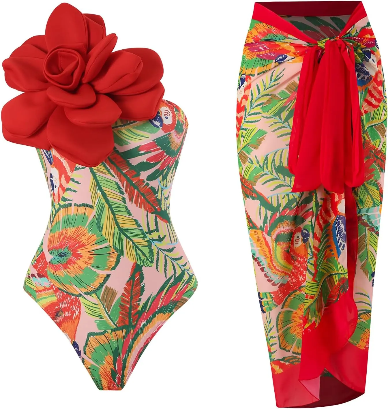 IDOPIP Women's One Piece Swimsuit with Beach Cover up Wrap Skirt Sarong Retro Floral Print Bikini Set Two Piece Bathing Suits