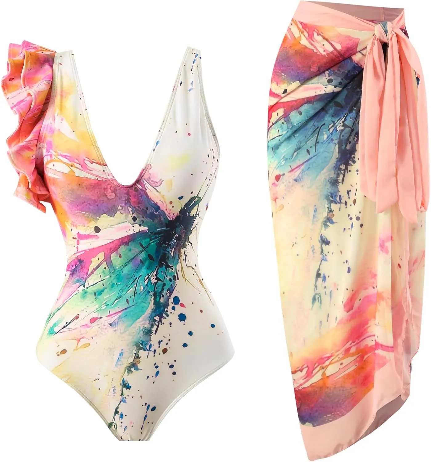 IDOPIP Women's One Piece Swimsuit with Beach Cover up Wrap Skirt Sarong Retro Floral Print Bikini Set Two Piece Bathing Suits