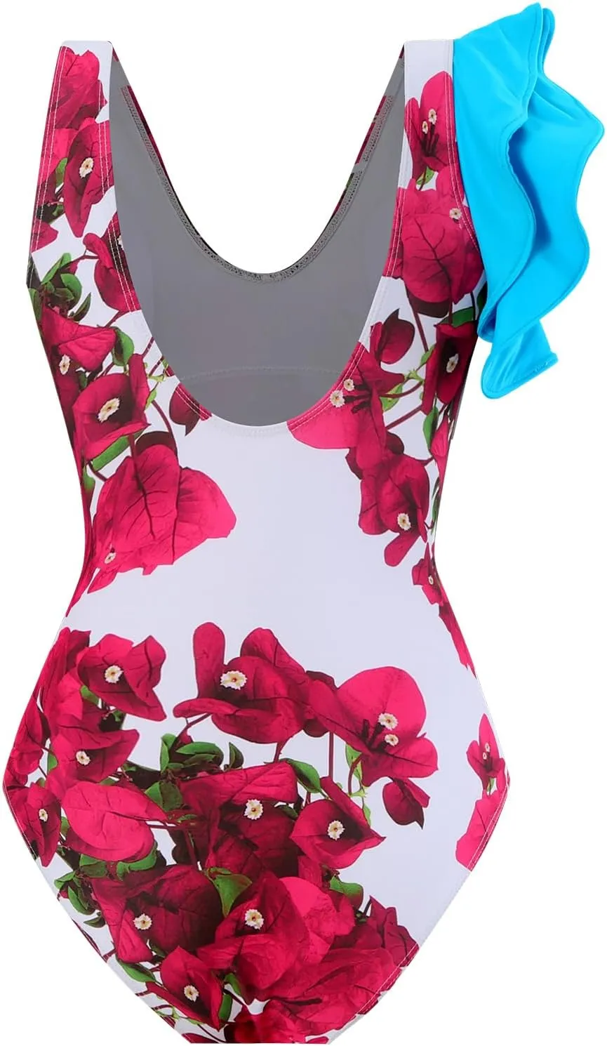 IDOPIP Women's One Piece Swimsuit with Beach Cover up Wrap Skirt Sarong Retro Floral Print Bikini Set Two Piece Bathing Suits