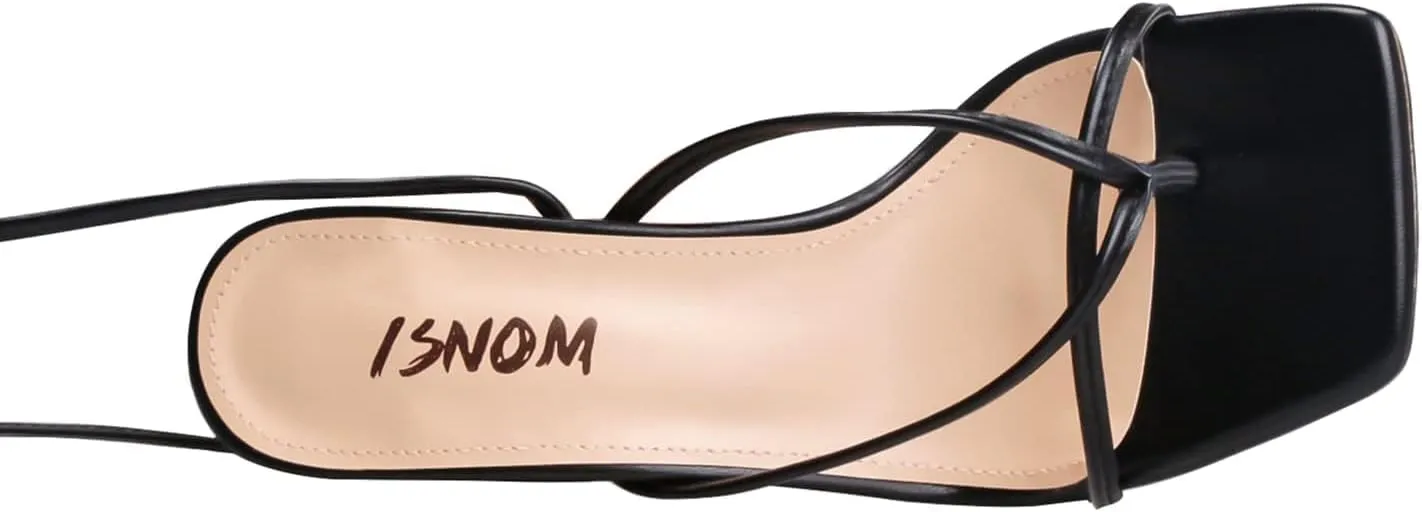 ISNOM Lace Up Heels Sandals for Women, Square Toe, Open Toe Thong, Stiletto Heels Design