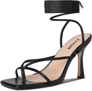 ISNOM Lace Up Heels Sandals for Women, Square Toe, Open Toe Thong, Stiletto Heels Design