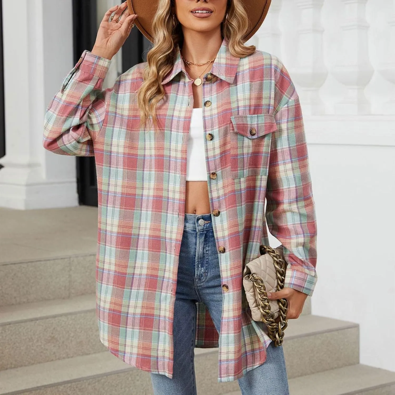 Jackets for Women Plaid Shacket Long Sleeve Button Down Jacket Coats with Pockets Spring Outfits for Women 2025