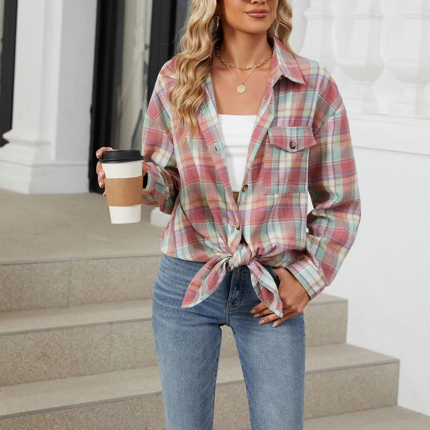 Jackets for Women Plaid Shacket Long Sleeve Button Down Jacket Coats with Pockets Spring Outfits for Women 2025
