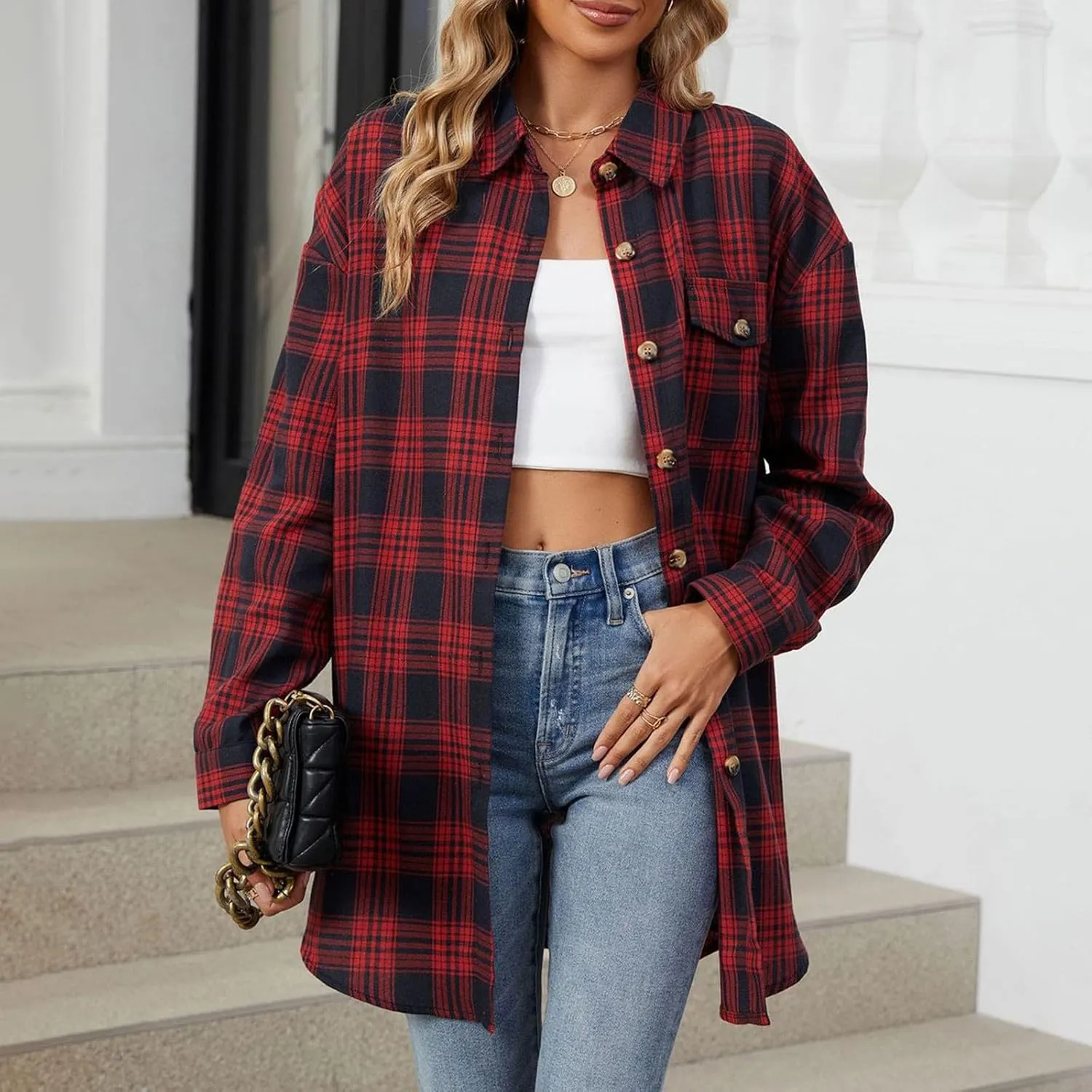 Jackets for Women Plaid Shacket Long Sleeve Button Down Jacket Coats with Pockets Spring Outfits for Women 2025