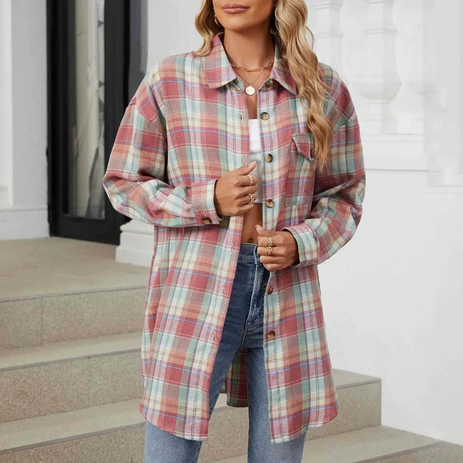 Jackets for Women Plaid Shacket Long Sleeve Button Down Jacket Coats with Pockets Spring Outfits for Women 2025