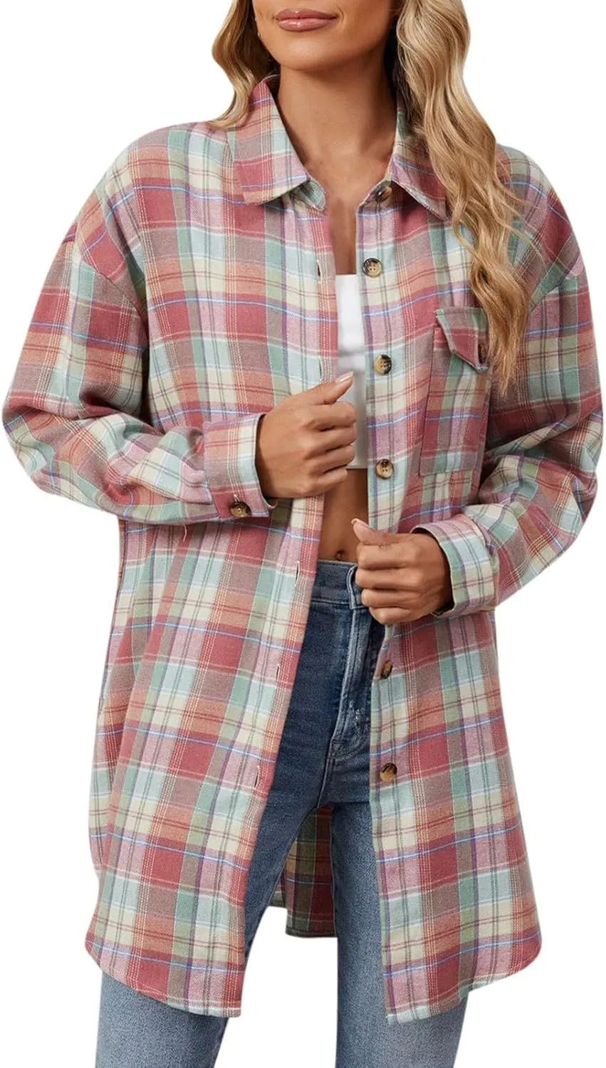 Jackets for Women Plaid Shacket Long Sleeve Button Down Jacket Coats with Pockets Spring Outfits for Women 2025