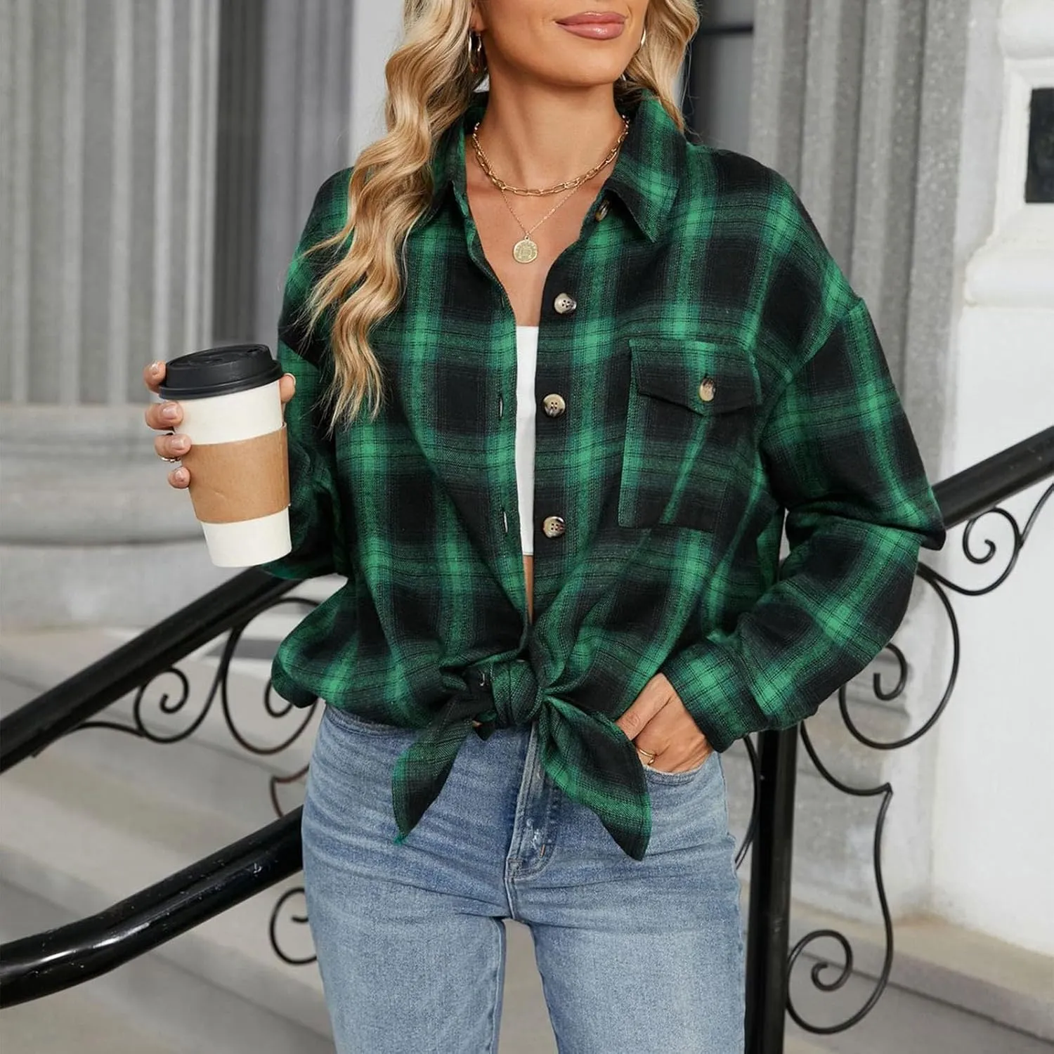 Jackets for Women Plaid Shacket Long Sleeve Button Down Jacket Coats with Pockets Spring Outfits for Women 2025