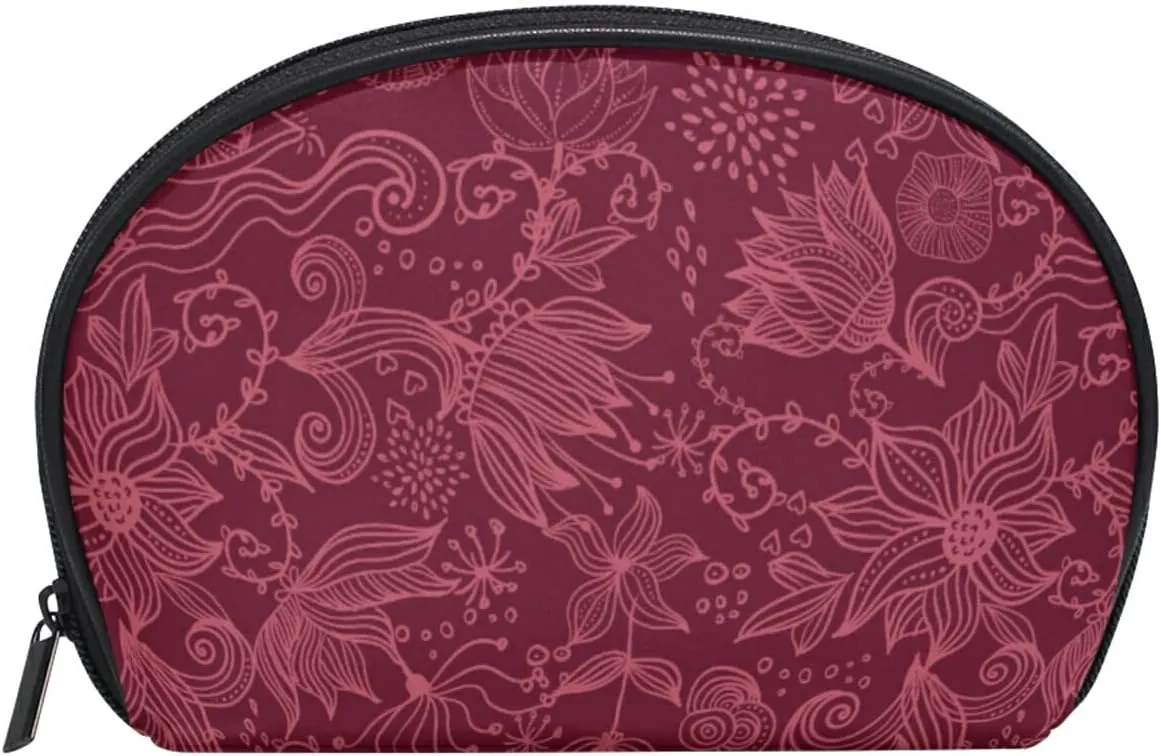 JUNZAN Burgundy Flower Makeup Bag Small Cosmetic Bag for Purse Half Moon Travel Makeup Pouch