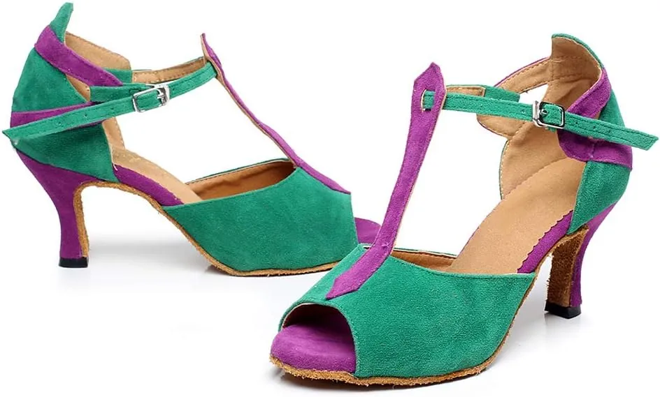 JUODVMP Women's Latin Dance Shoes T-Strap Open Toe Printed Salsa Shoes