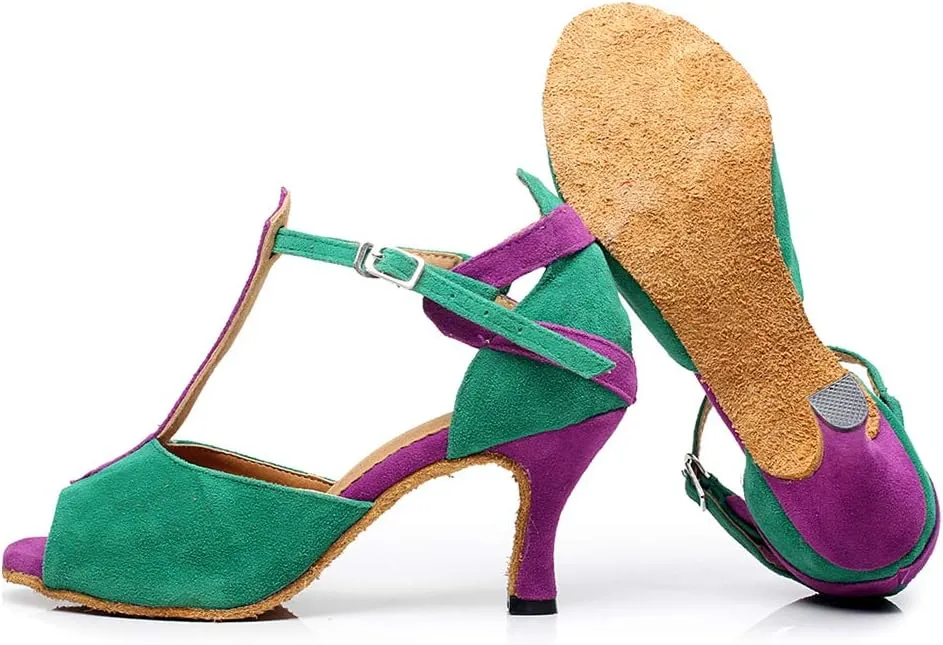 JUODVMP Women's Latin Dance Shoes T-Strap Open Toe Printed Salsa Shoes