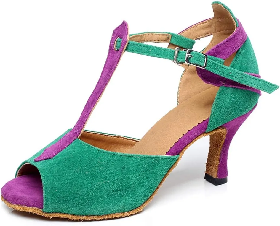 JUODVMP Women's Latin Dance Shoes T-Strap Open Toe Printed Salsa Shoes