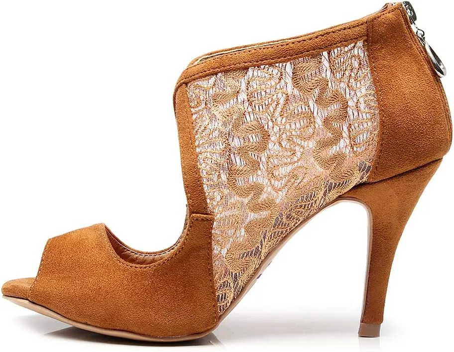 JUODVMP Women's Ultrasuede Cut Out Embroidered Floral Pattern Ballroom Latin Salsa Dance Shoes Model QJW1004