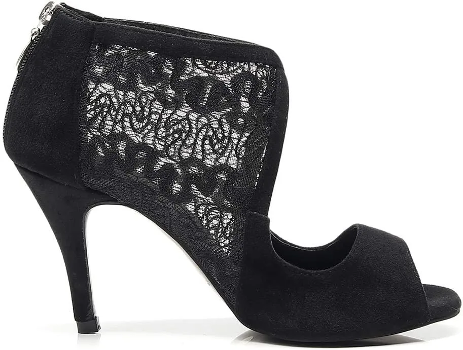 JUODVMP Women's Ultrasuede Cut Out Embroidered Floral Pattern Ballroom Latin Salsa Dance Shoes Model QJW1004