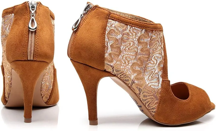 JUODVMP Women's Ultrasuede Cut Out Embroidered Floral Pattern Ballroom Latin Salsa Dance Shoes Model QJW1004