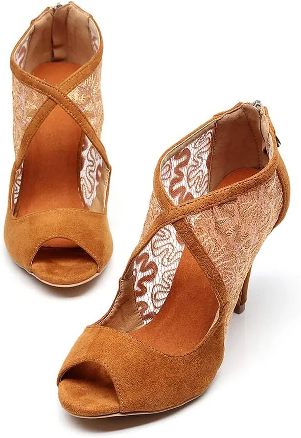 JUODVMP Women's Ultrasuede Cut Out Embroidered Floral Pattern Ballroom Latin Salsa Dance Shoes Model QJW1004