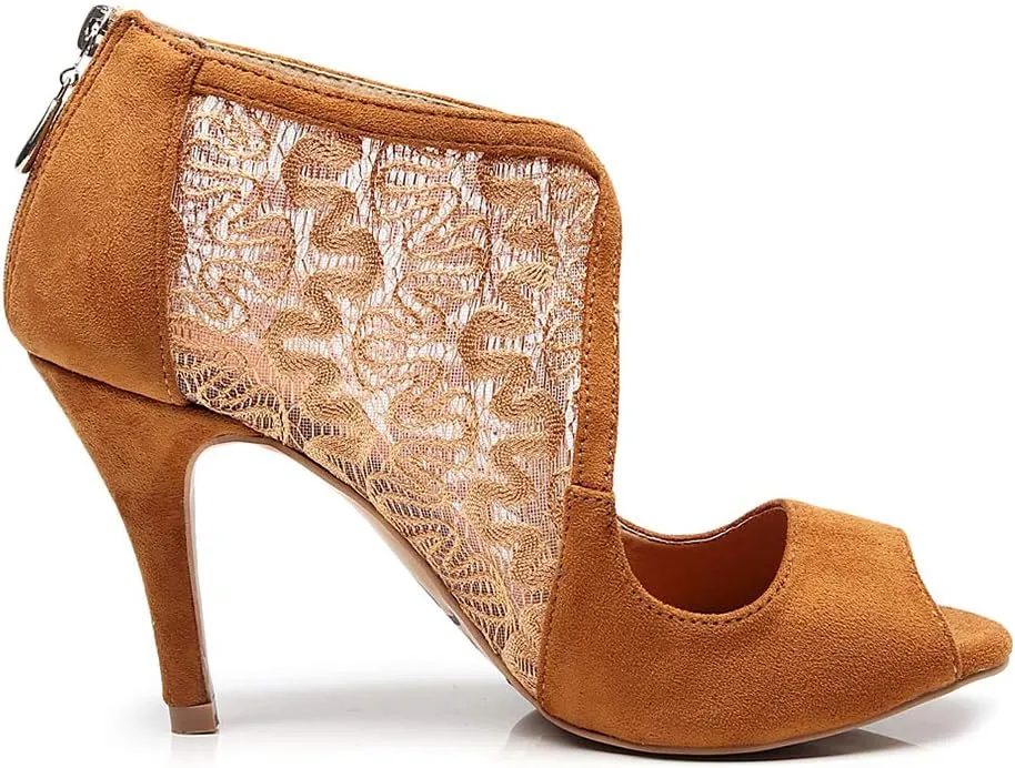 JUODVMP Women's Ultrasuede Cut Out Embroidered Floral Pattern Ballroom Latin Salsa Dance Shoes Model QJW1004