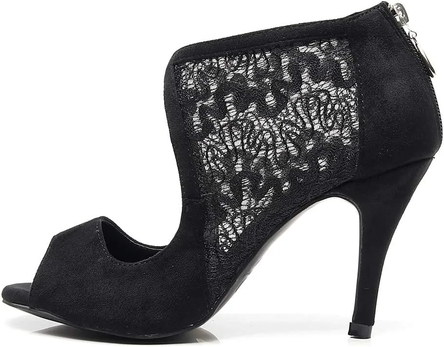 JUODVMP Women's Ultrasuede Cut Out Embroidered Floral Pattern Ballroom Latin Salsa Dance Shoes Model QJW1004