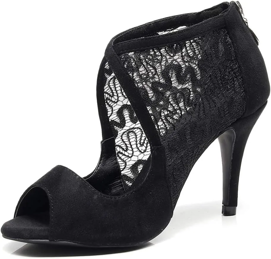 JUODVMP Women's Ultrasuede Cut Out Embroidered Floral Pattern Ballroom Latin Salsa Dance Shoes Model QJW1004