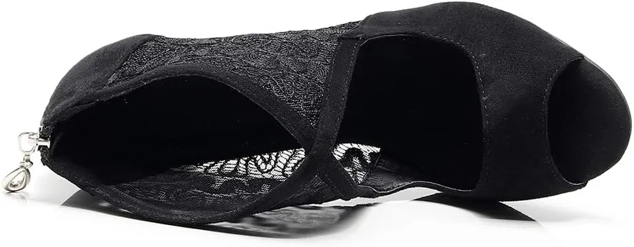 JUODVMP Women's Ultrasuede Cut Out Embroidered Floral Pattern Ballroom Latin Salsa Dance Shoes Model QJW1004