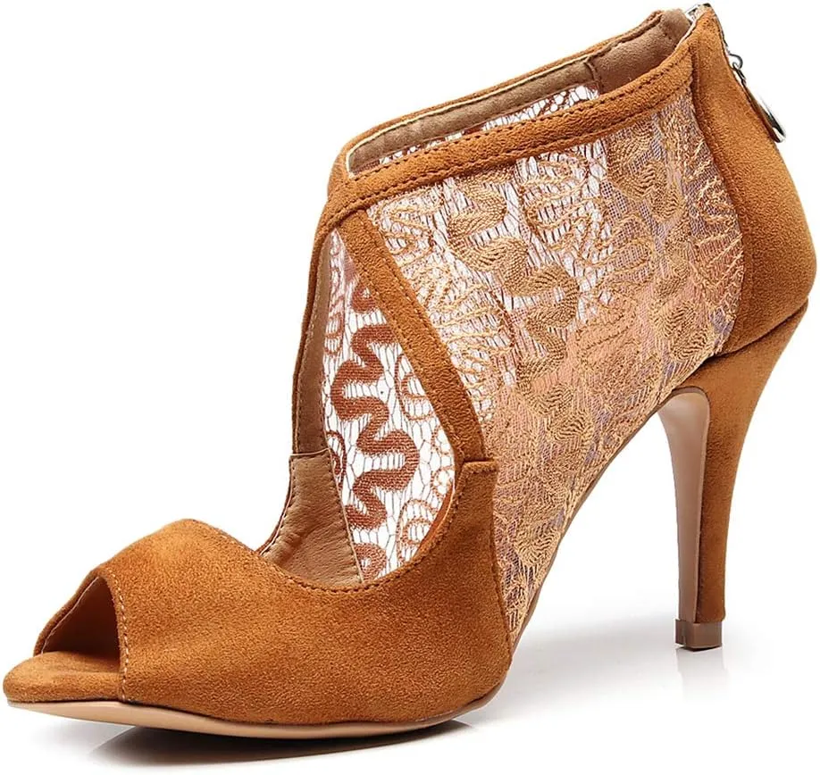 JUODVMP Women's Ultrasuede Cut Out Embroidered Floral Pattern Ballroom Latin Salsa Dance Shoes Model QJW1004