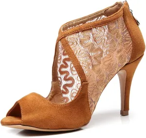 JUODVMP Women's Ultrasuede Cut Out Embroidered Floral Pattern Ballroom Latin Salsa Dance Shoes Model QJW1004