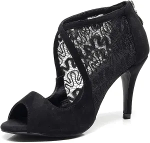 JUODVMP Women's Ultrasuede Cut Out Embroidered Floral Pattern Ballroom Latin Salsa Dance Shoes Model QJW1004