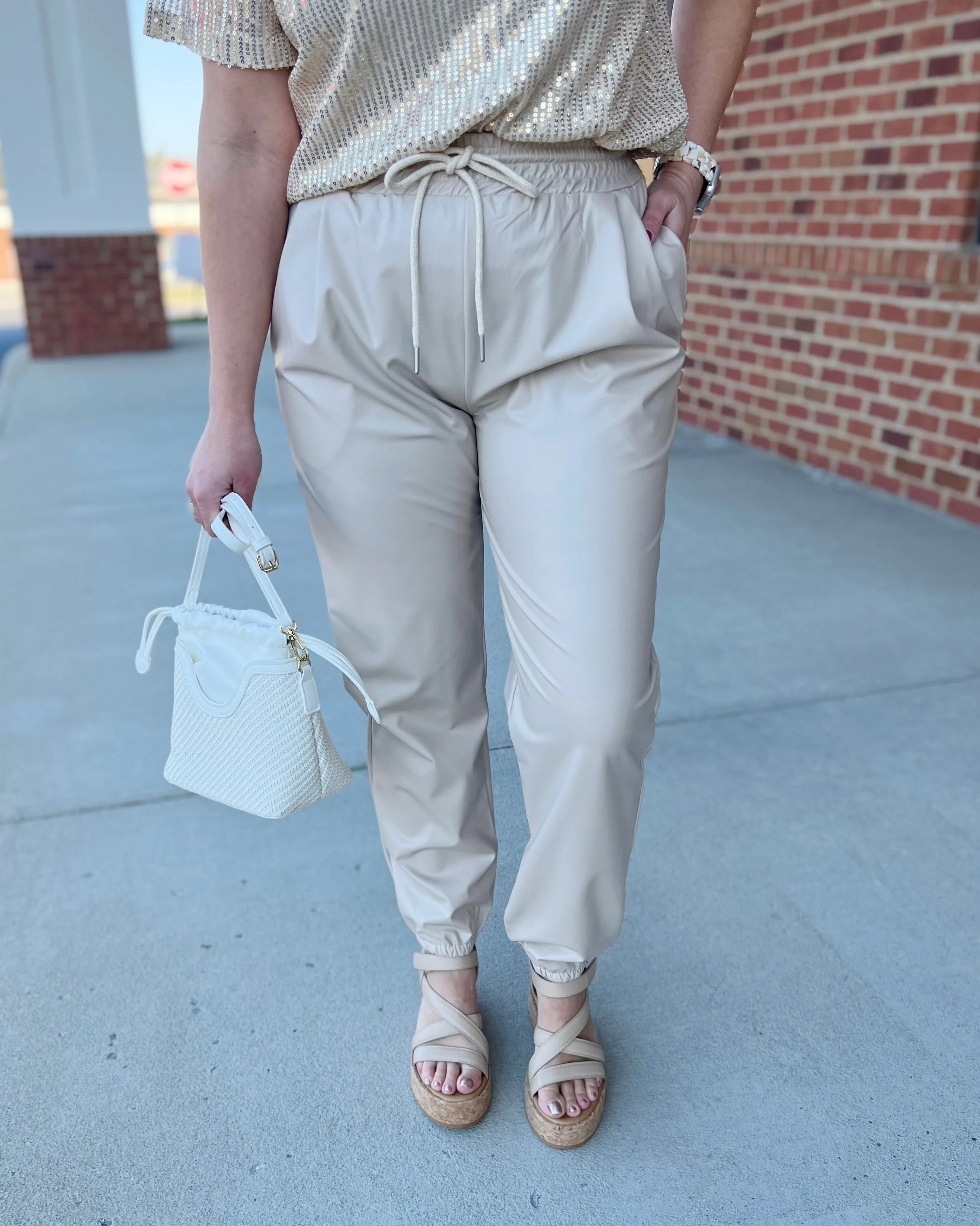 Kendall Faux Leather Jogger Pants in Ecru FINAL SALE